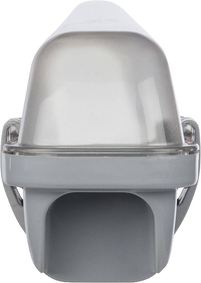 Grey, rectangular plastic lid with a transparent, curved dome on top, presumably part of an equipment housing.