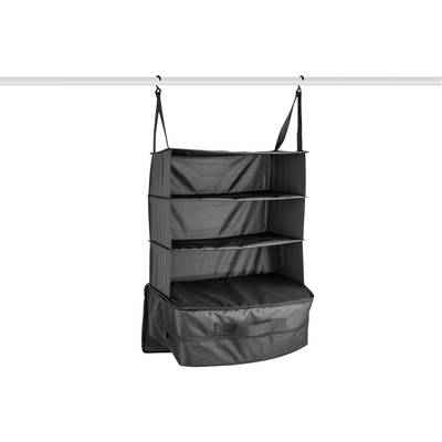 Hanging shelving unit with four black fabric storage compartments and a lower zip-up compartment. Suitable for storing clothing.