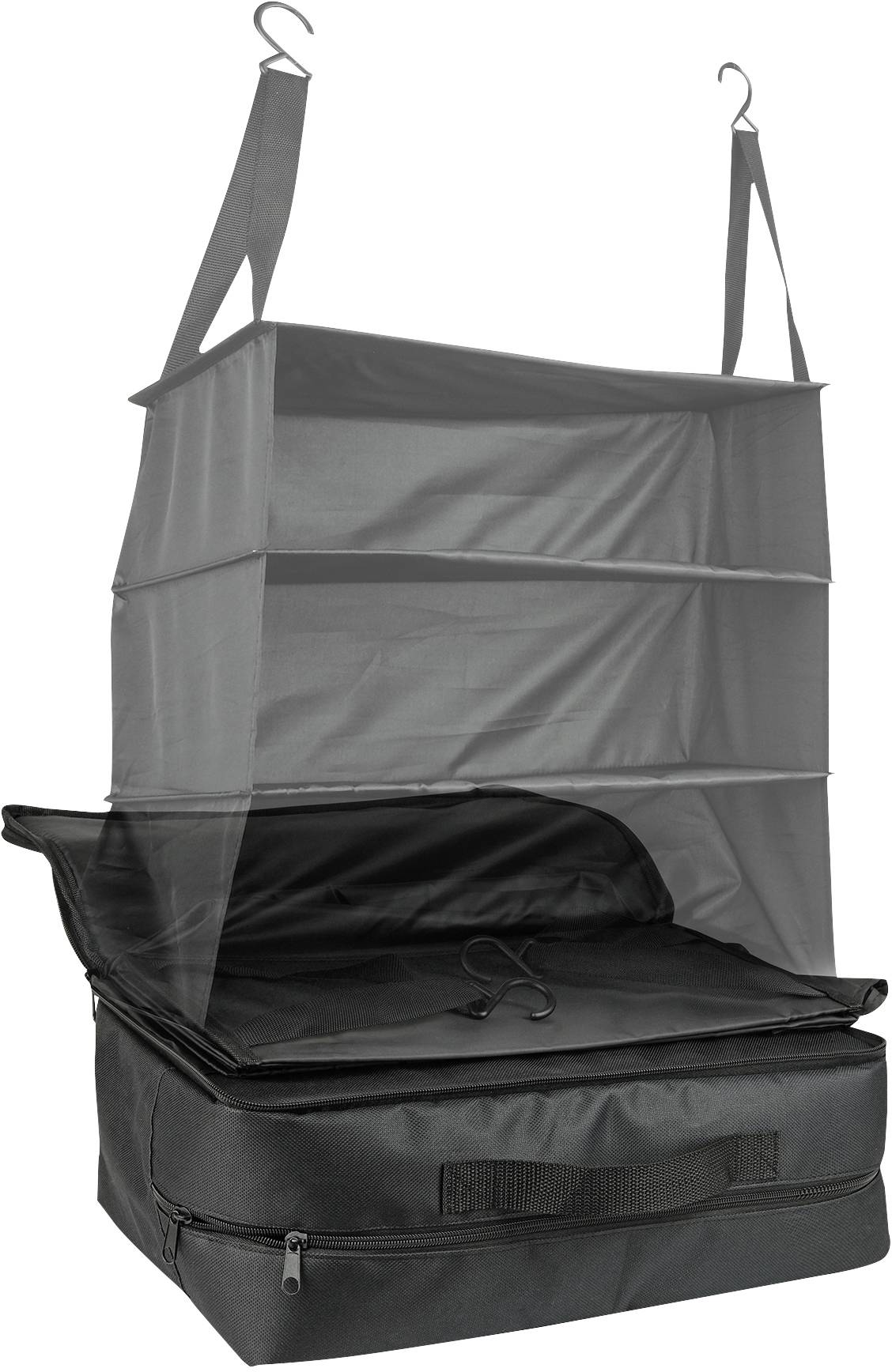 Portable, foldable storage bag with hooks, three shelves, and a zippered compartment, perfect for travelling or wardrobe organisation.
