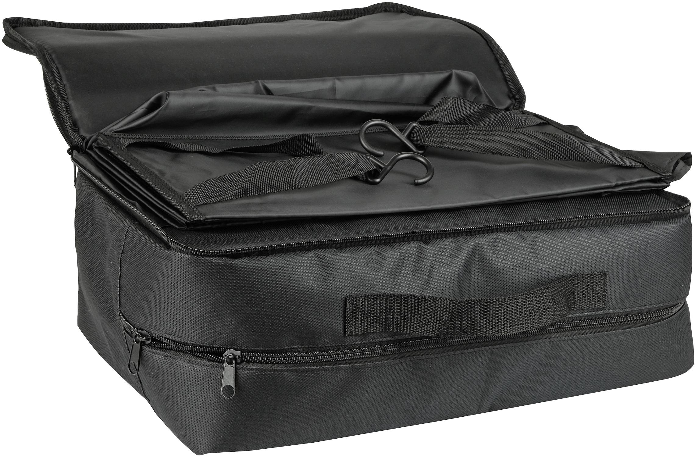 Black, rectangular, open transport bag with zip compartment and hooks. Suitable for the secure transportation of items.