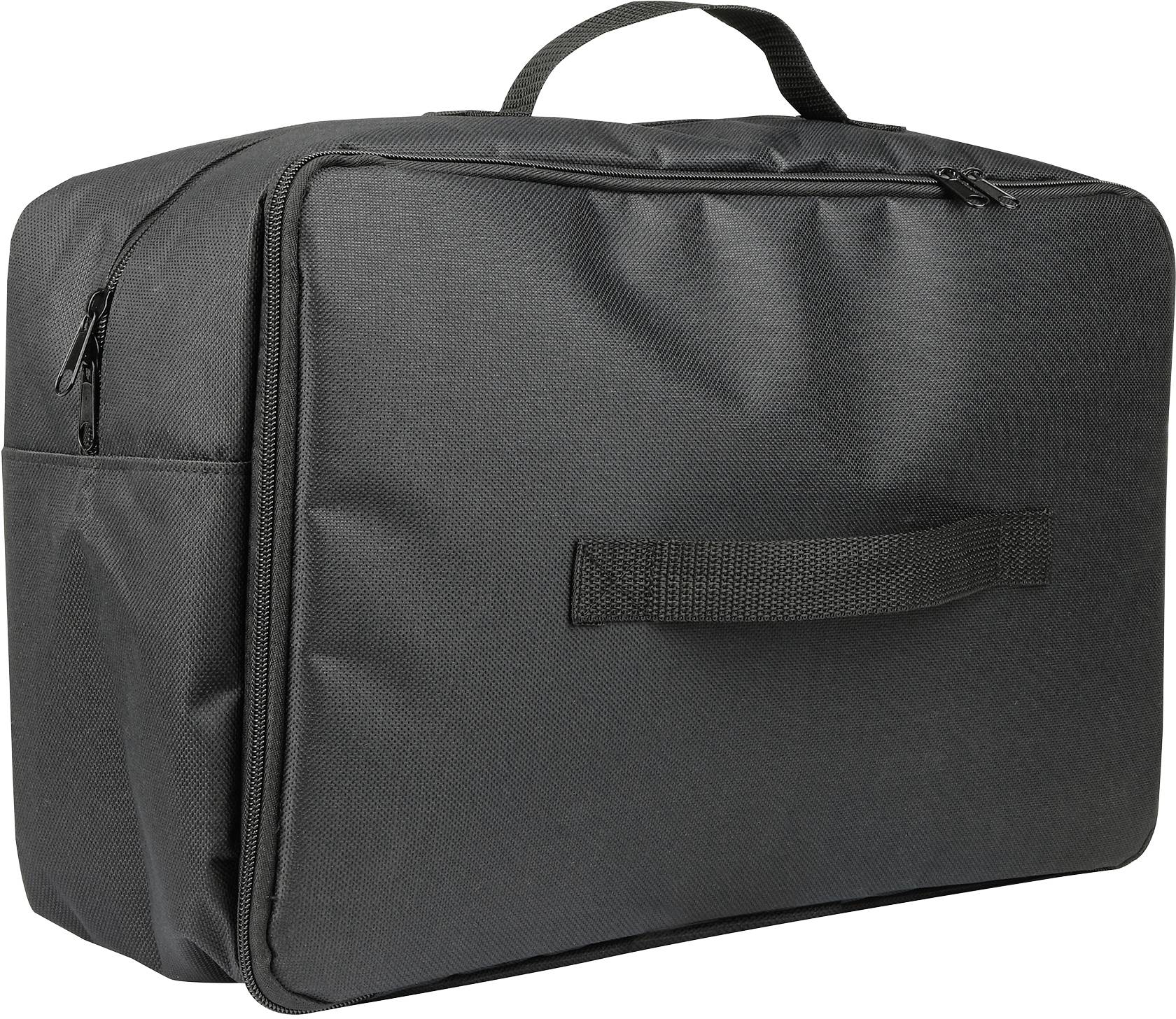 Black bag with carry handle and zipped compartment, rectangular shape. Suitable for transporting laptop or documents.