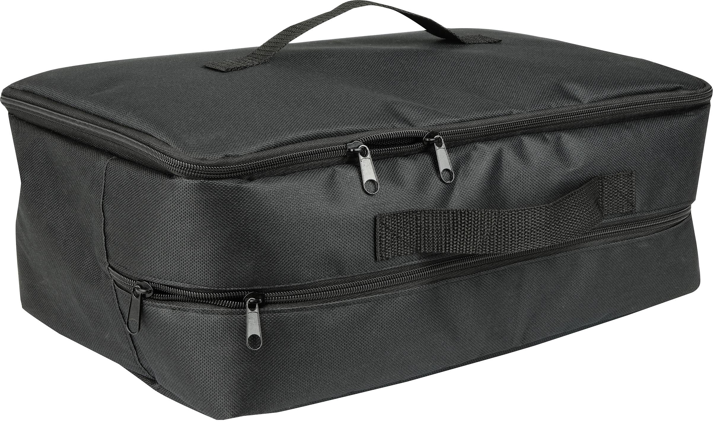 A black, rectangular bag with a zip at the top and a handle, suitable for transporting or storing items.