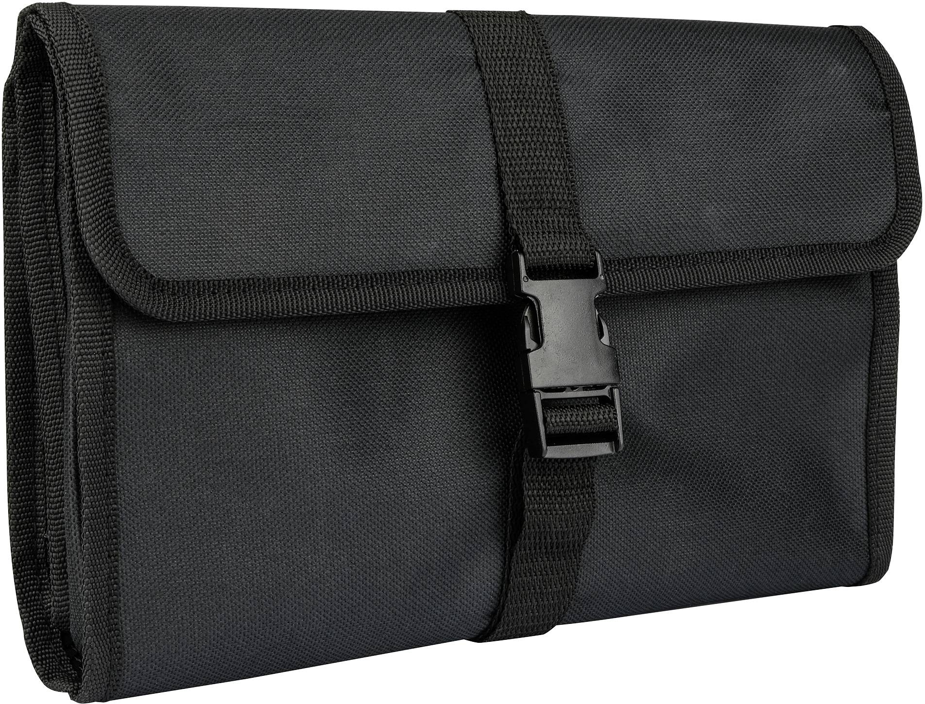 Black, rectangular bag with a buckle fastening and sturdy material, likely for storing tools or accessories.