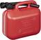 Red petrol can with black cap and spout, 5-litre capacity, for transporting or storing fuel.
