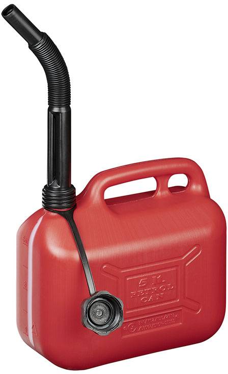 Red petrol jerry can with black, curved spout and sealing lid. Capacity: 5 litres. Suitable for transporting fuel.