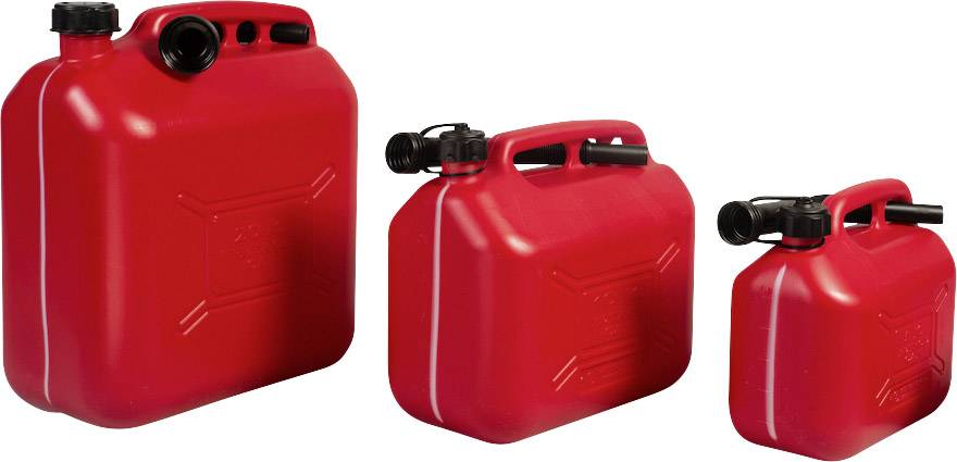 Three red petrol cans in various sizes, placed side by side, with black caps and handles.