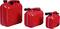 Three red petrol cans in various sizes, placed side by side, with black caps and handles.