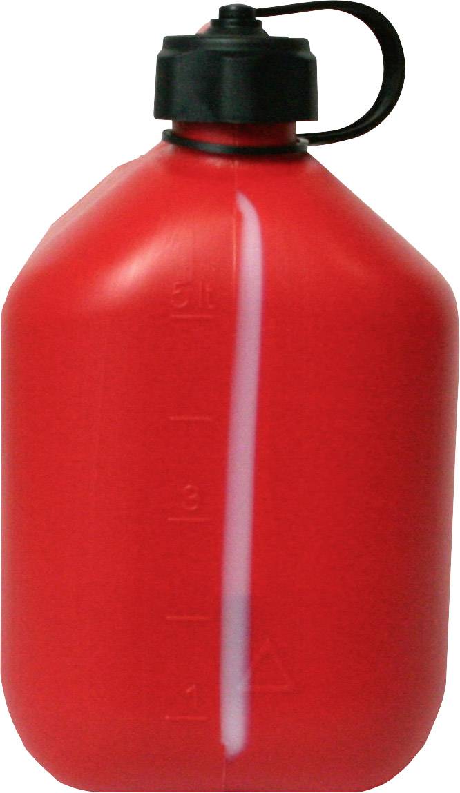 Red jerry can with a black lid, scale showing litre markings from 1 to 5.