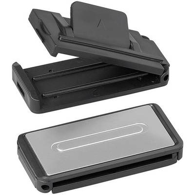 Two black and silver ID badge holders, one open and one closed, suitable for attaching cards to clothing.