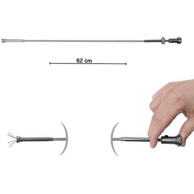 Extendable grabber in use, operated by one hand. Length of 62 cm shown, with gripping arms open.