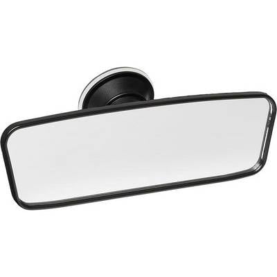 A rectangular rear-view mirror with a black frame and suction cup for attaching to the windscreen in a vehicle.