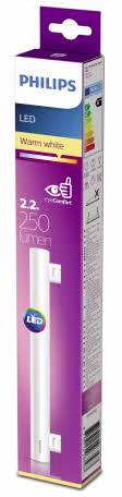 Philips Light Bulb Packaging. Specification: LED, 2.2 Watts, 250 Lumens, warm white light. Energy efficiency rating: A+. Packaging is purple.