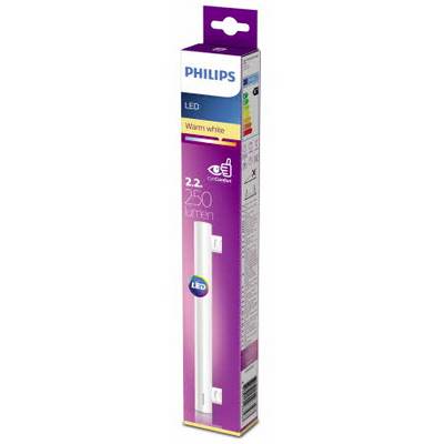 Philips Light Bulb Packaging. Specification: LED, 2.2 Watts, 250 Lumens, warm white light. Energy efficiency rating: A+. Packaging is purple.
