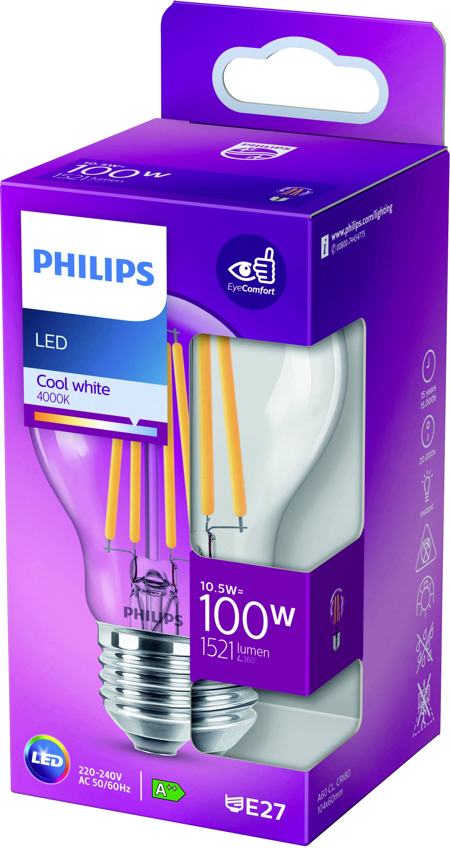 Purple packaging of a Philips LED light bulb, 10.5W, 100W replacement, 1521 lumens, E27 screw cap, cool white 4000K, A+ energy efficiency rating.