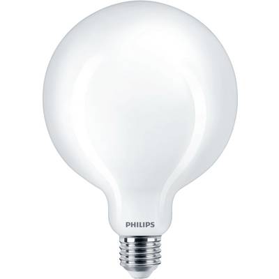 Large, round LED light bulb by Philips with a silver base, suitable for use in lamps with standard fittings.