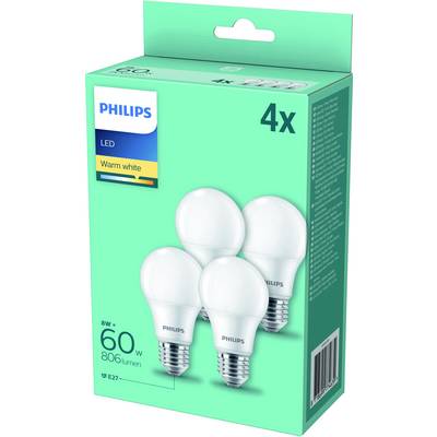 Four Philips LED light bulbs in warm white on a green cardboard background. Packaging shows '8W = 60W, 806 lumens, E27'.