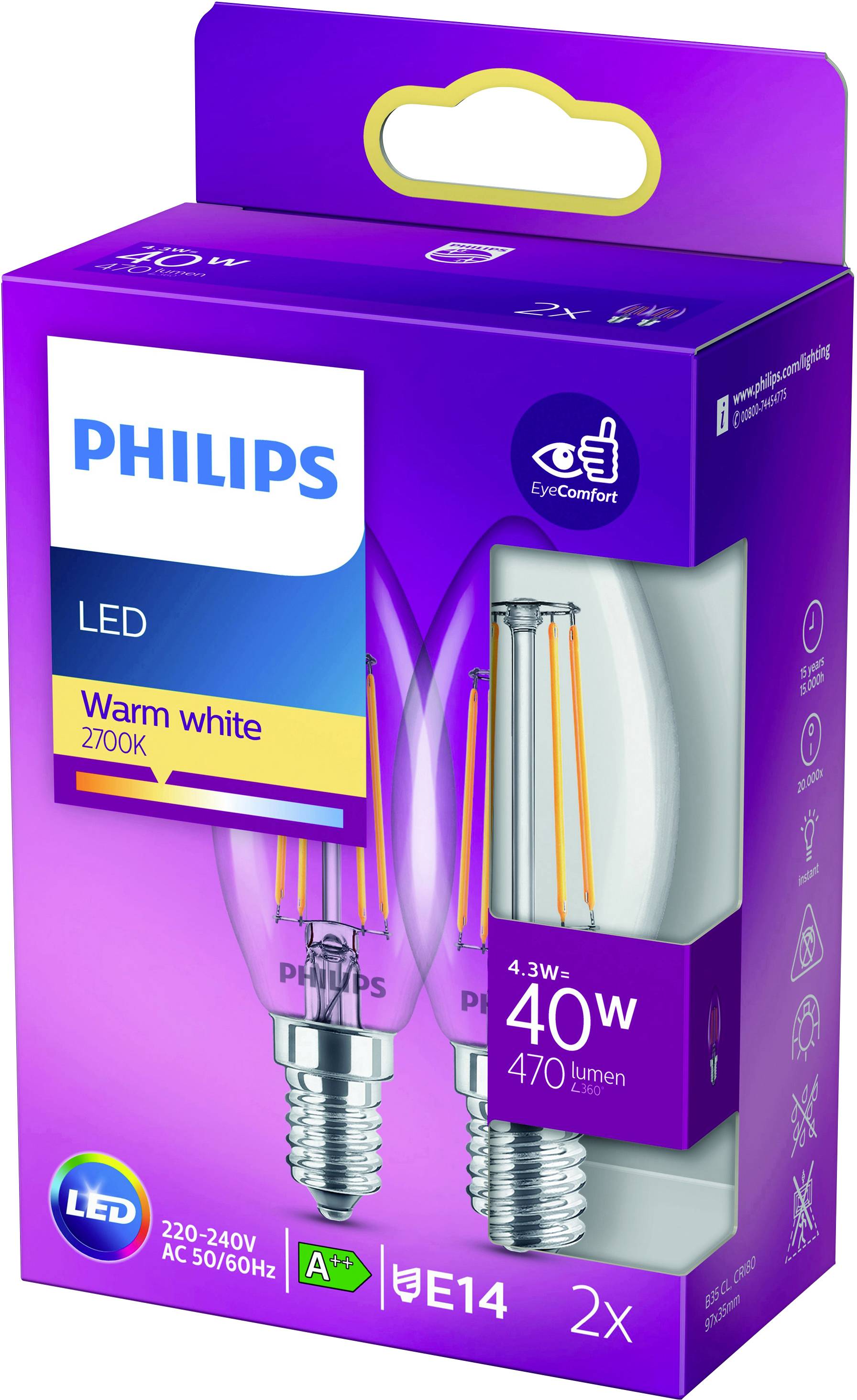 Two Philips LED bulbs in a purple packaging. Text reads: 'Warm white 2700K', '4.3W', '40W', '470 lumens', 'E14', '2x'.