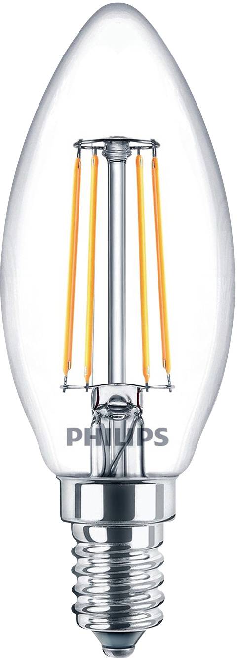 A clear candle-style light bulb from Philips, with visible filaments and an E14 lamp base, suitable for decorative lighting.