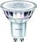 Philips LED light bulb with GU10 base; silver, semi-transparent housing.