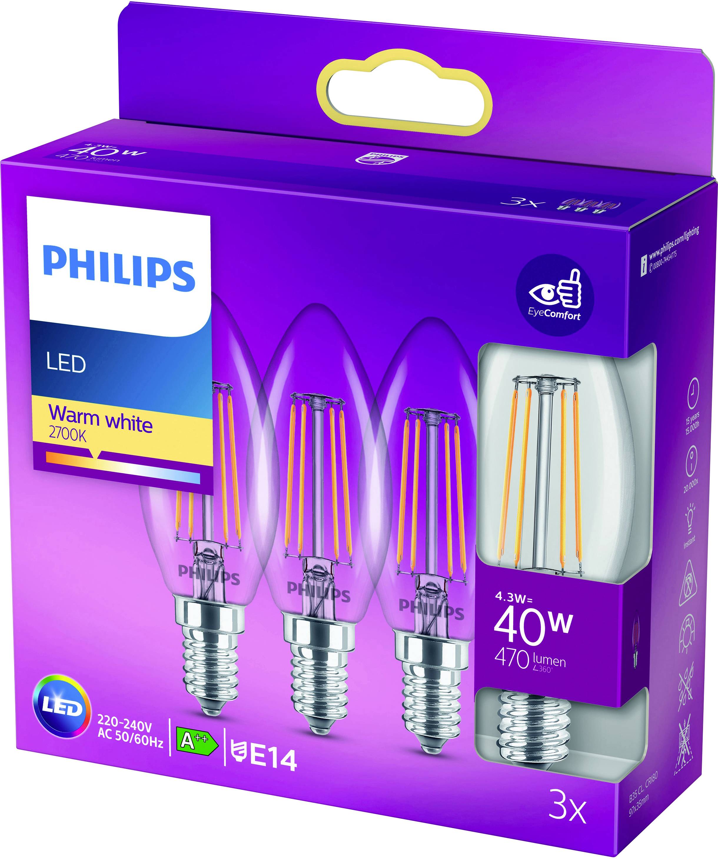 Philips LED 76381700 LED (monochrome) EEC F (A - G) E14 4.3 W = 40 W Warm white (Ø x L) 3.5 cm x 9.7 cm 3 pc(s)-7
