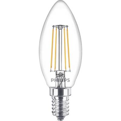 A LED candle bulb with visible filaments and a metal base.