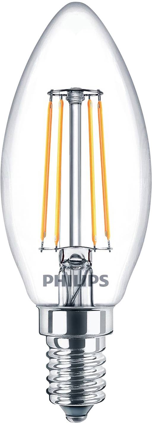 A transparent candle-shaped light bulb with visible filaments and the inscription 'Philips' on the base.