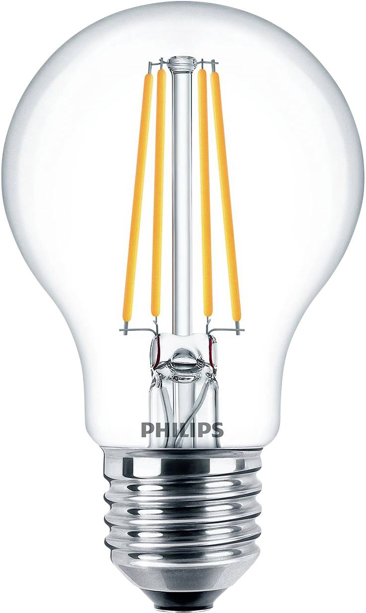 Philips LED light bulb with visible filaments, silver base, and clear glass envelope.