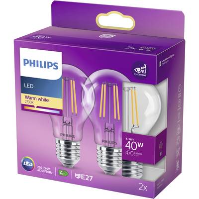 Two Philips LED light bulbs in a purple packaging. Label shows: 'Warm white 2700K', '40W', '470 lumens'. E27 fitting.