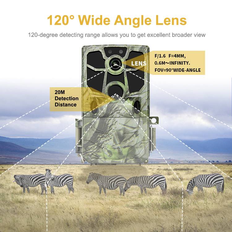 'Wide-angle lens with 120° field of view and 20M detection range. Ideal for far-reaching views. F/1.6, F=4.0mm, FOV=90°.' Zebras in the plains in the background.
