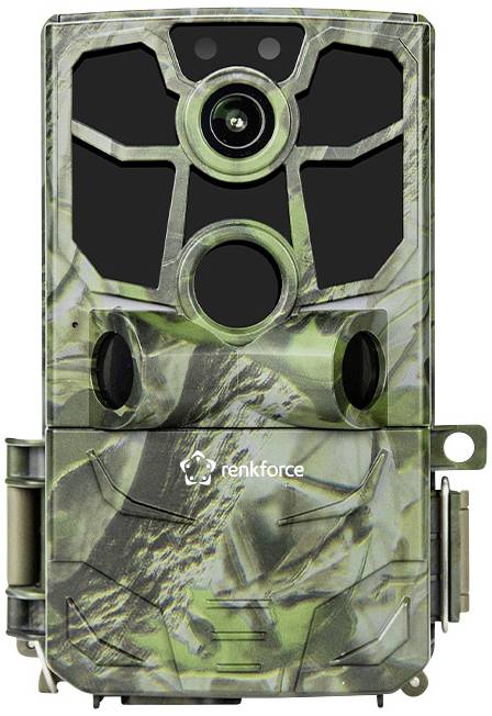 A camouflaged trail camera with multiple sensors and a lens, suitable for monitoring wildlife in natural habitats.