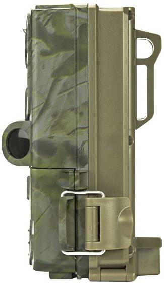 A wildlife camera with camouflage pattern, side view, showing mounting elements and closure.