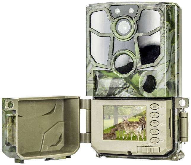 Wildlife camera in camouflage pattern with open casing shows display depicting a scene with deer in the forest.
