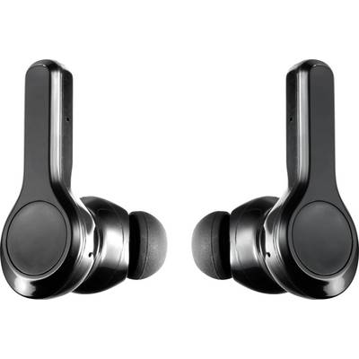 Black wireless in-ear headphones with a glossy surface, symmetrically positioned side by side.