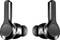 Black wireless in-ear headphones with a glossy surface, symmetrically positioned side by side.