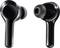 Two black wireless earbuds with an ergonomic design, each with silicone ear tips. The right earbud is slightly tilted to the left.