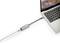A laptop is connected to an Ethernet cable via a USB adapter. The MacBook displays a sand-coloured background on the screen.