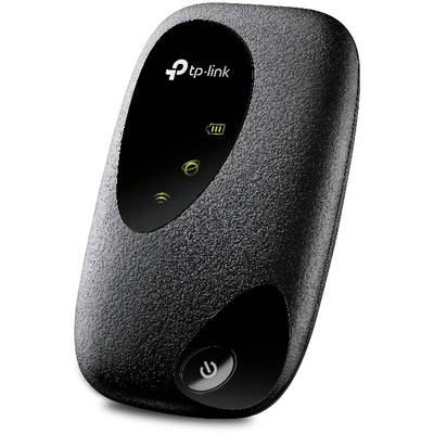 Mobile Wi-Fi router with a black casing, illuminated display and TP-Link logo. Shows battery and signal strength indicators.