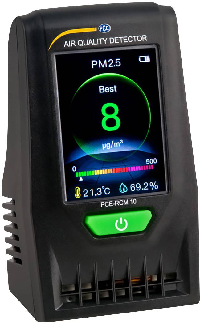 Air quality detector with digital display showing PM2.5 value of '8 µg/m³', underneath temperature '21.3°C' and humidity '69.2%'.
