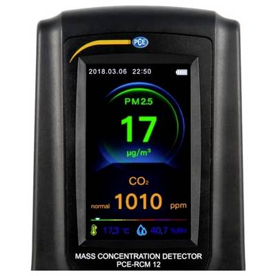 Portable air quality monitor displays PM2.5 at 17 µg/m³ and CO2 at 1010 ppm, with date/time and temperature-humidity readings.