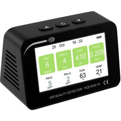 Air quality monitor indicates: AQI 6 (good), PM2.5 4 µg/m³, CO2 410 ppm, TVOC 0.208 mg/m³, Temperature 21°C, Humidity 63%.