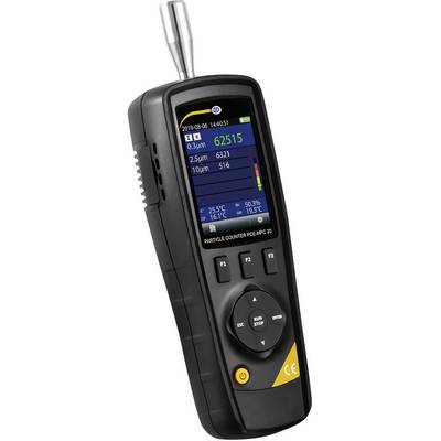 Portable particle counter with digital display. Shows values for particle sizes of 0.3 μm, 2.5 μm and 10 μm, as well as environmental parameters.