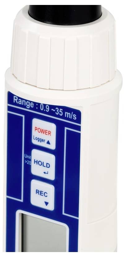 Close-up of a handheld wind speed meter with buttons labeled 'POWER', 'HOLD', and 'REC', showing range 0.9~35 m/s.