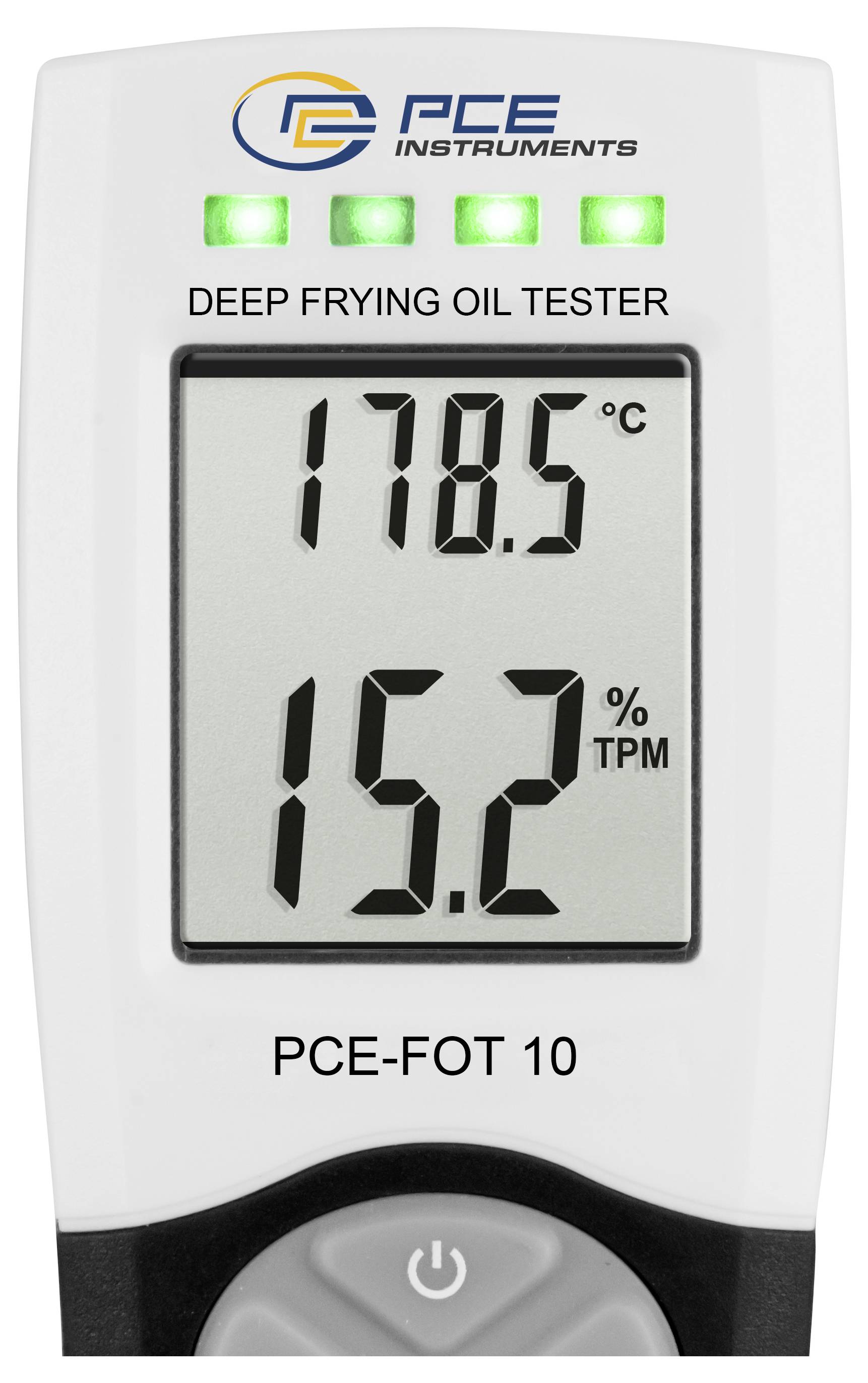 Digital deep frying oil tester showing 178.5°C and 15.2% TPM, with four green indicator lights and PCE Instruments PCE-FOT 10 label.