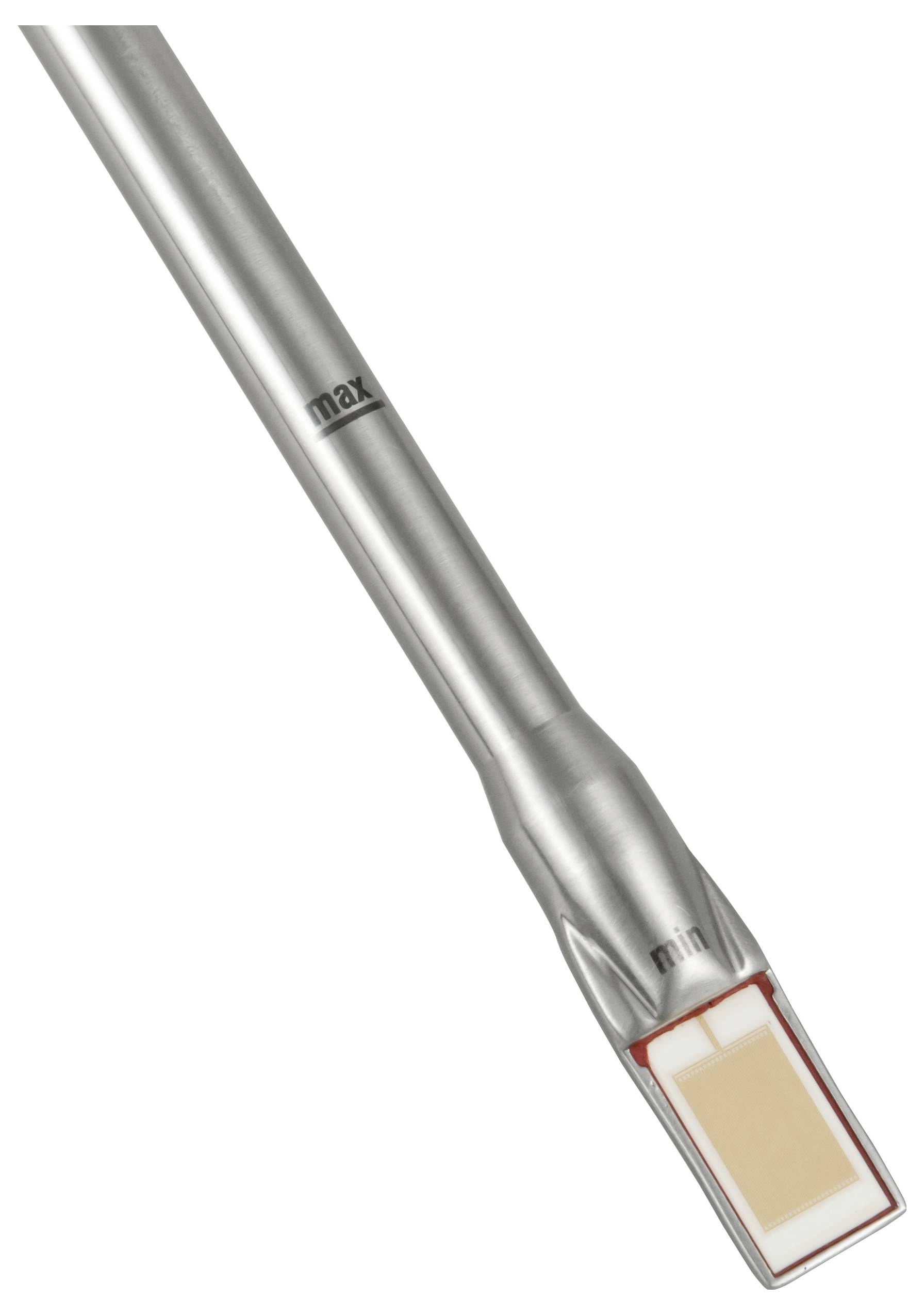 Metallic cylindrical sensor probe with 'max' and 'min' markings, ending in a rectangular tip with a beige panel.