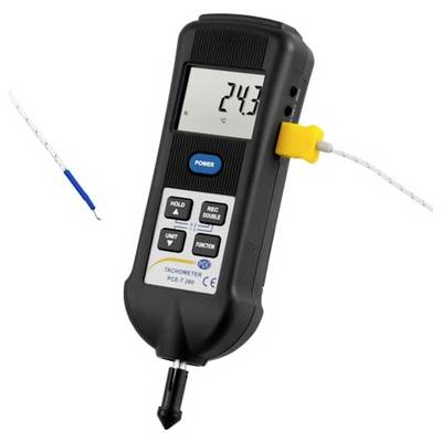 Handheld digital tachometer showing 24.3°C with a probe connected by cable.<br>