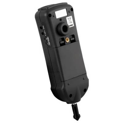 Black handheld electronic device shown from the back, with a central socket, ports, mounting holes, and a short protruding connector at the bottom.