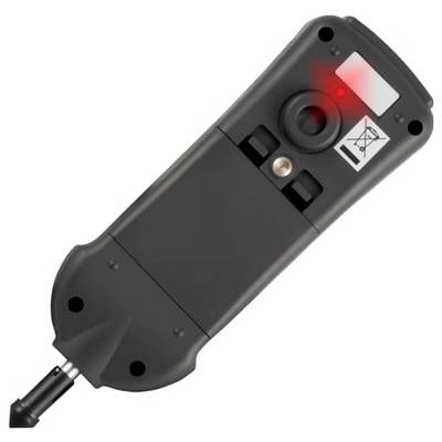 Black handheld device with a protruding sensor tip, red indicator light, and warning label on a white background.<br>