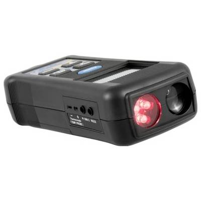 Black handheld electronic device with a red LED light and lens on the front, resembling a portable scanner or detector.