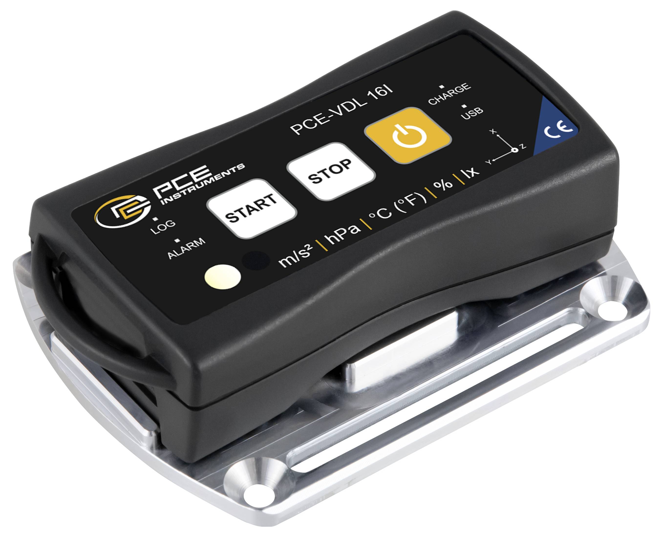 Black PCE Instruments PCE-VDL 16I data logger on a metal mount, with START, STOP, and power buttons for recording measurements.