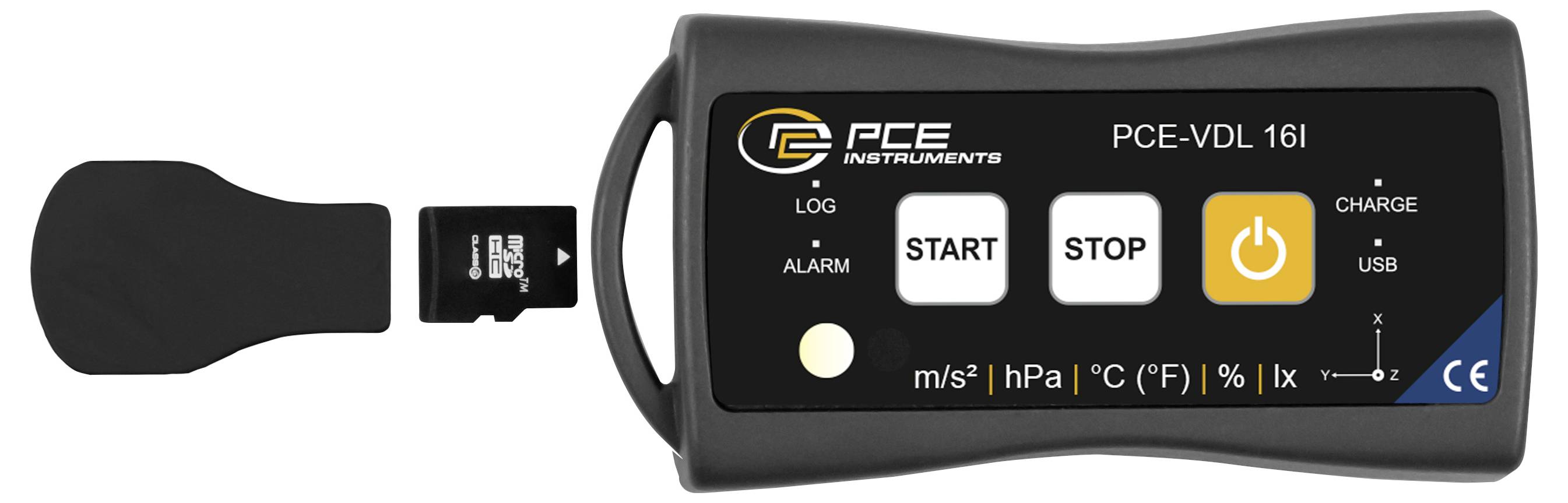 Handheld PCE Instruments data logger with a separate sensor probe, showing START and STOP buttons and a power button on the device.<br>